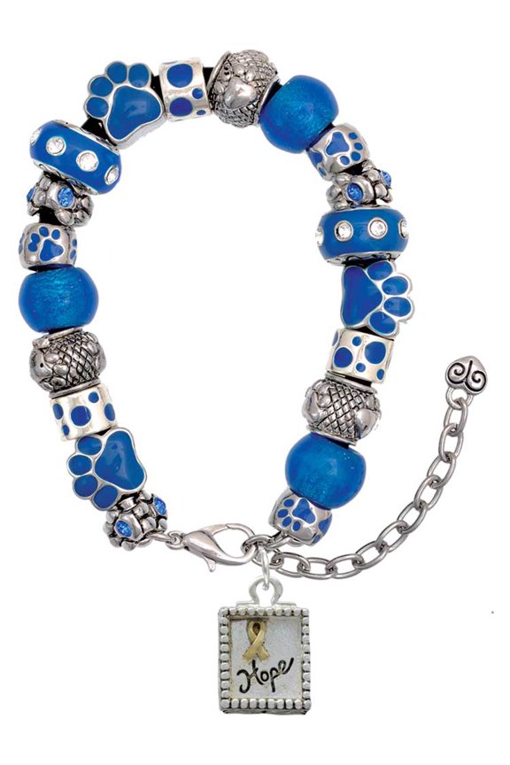 Two-tone Shadow Box ''Hope'' with Ribbon Blue Paw Print Bead Bracelet, 7"+2"