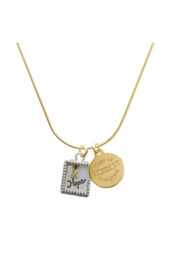 Two-tone Shadow Box ''Hope'' with Ribbon - Goldtone Engraved Congrats Class of 2026 Charm Necklace, 18"