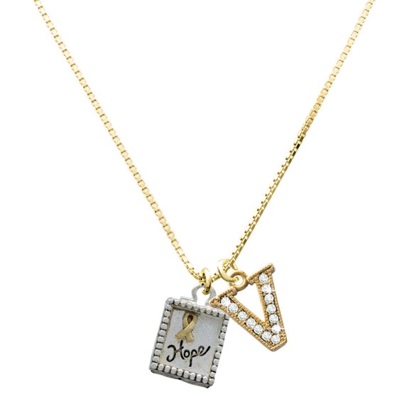 Delight Jewelry Two-tone Shadow Box ''Hope'' with Ribbon - Large Goldtone Crystal Initial - V - Charm Necklace, 17.5"+2"