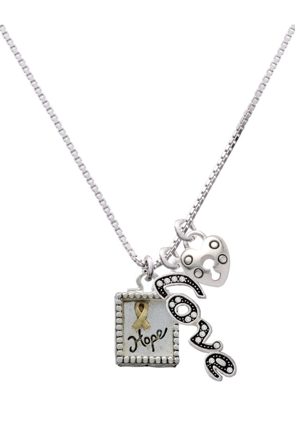 Two-tone Shadow Box ''Hope'' with Ribbon - Love and Lock Charm Necklace, 18"+1"
