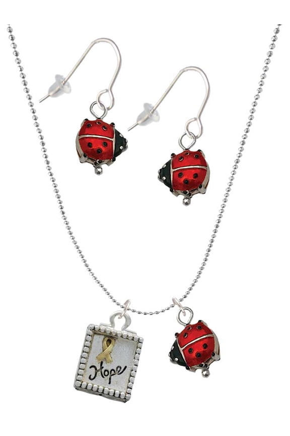 Two-tone Shadow Box ''Hope'' with Ribbon Red Lucky Ladybug Necklace and Dangle Earrings Set