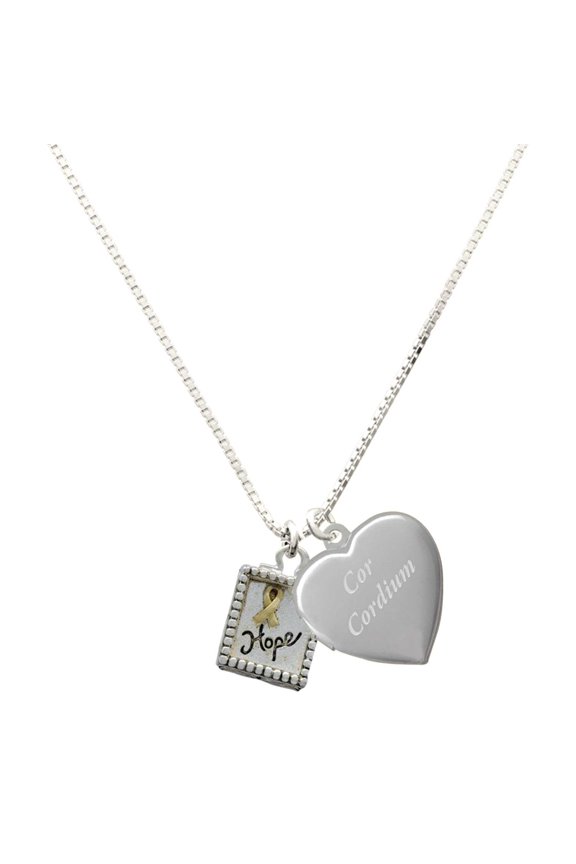 Two-tone Shadow Box ''Hope'' with Ribbon - Silver Plated Engraved Cor Cordium Heart Locket Necklace, 17.5"+2" Extender
