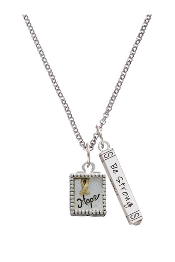 Two-tone Shadow Box ''Hope'' with Ribbon Silvertone Be Strong and Courageous Bar Charm Necklace, 23"