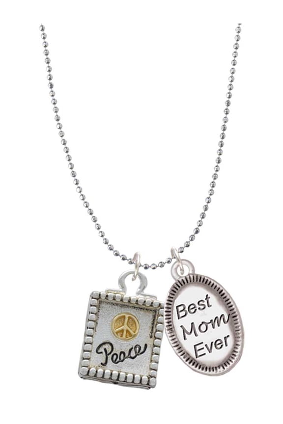Two-tone Shadow Box ''Peace'' with Peace Sign Best Mom Ever Charm Necklace
