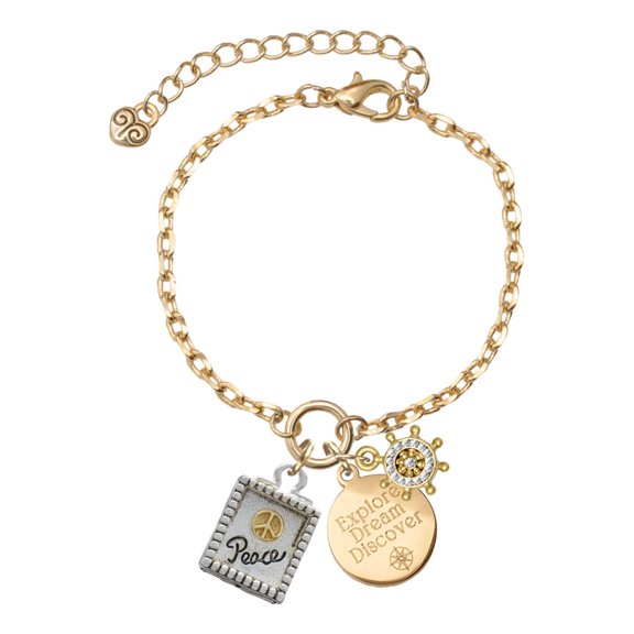 Delight Jewelry Two-tone Shadow Box ''Peace'' with Peace Sign Goldtone Discover Dream Explore Zoey Charm Bracelet, 6.5+2" Extender