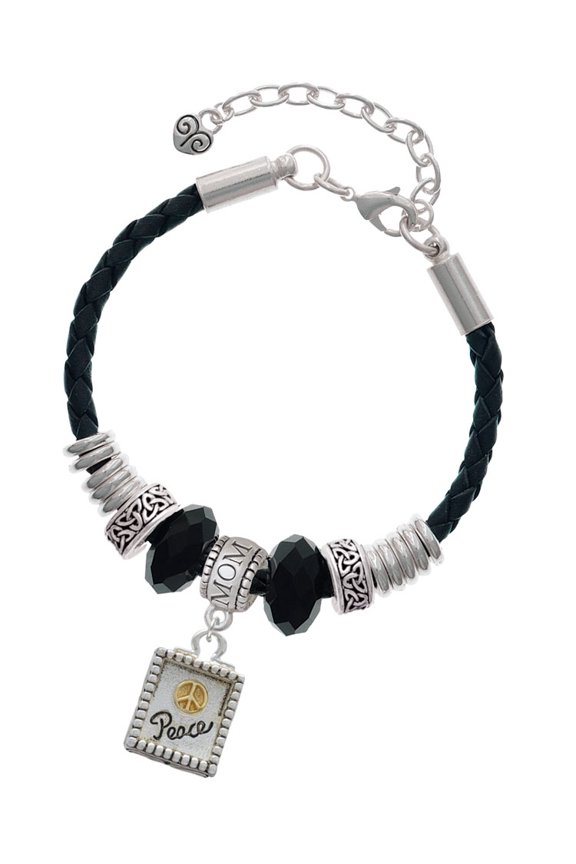 Two-tone Shadow Box ''Peace'' with Peace Sign Mom Celtic Knot Leather Bead Bracelet, 7"+2" Extender