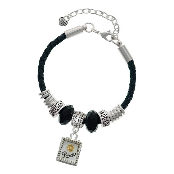 Delight Jewelry Two-tone Shadow Box ''Peace'' with Peace Sign Mother Celtic Knot Leather Bead Bracelet, 7"+2" Extender