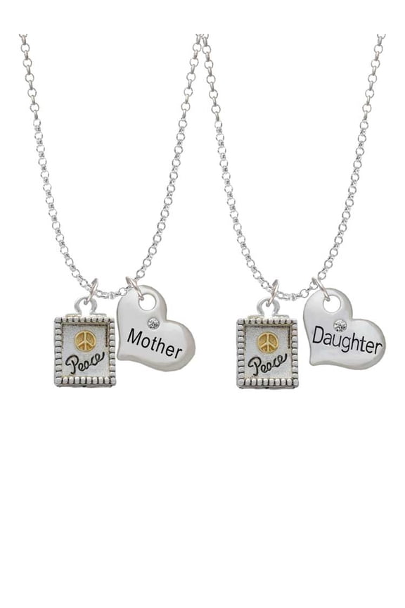 Two-tone Shadow Box ''Peace'' with Peace Sign Mother & Daughter Heart Necklaces (Set of 2), 19"+2"
