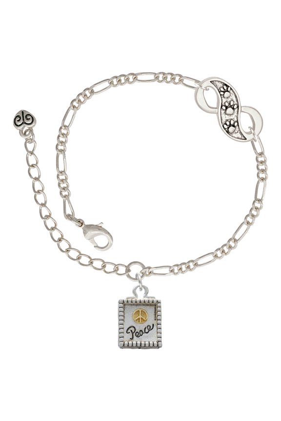 Two-tone Shadow Box ''Peace'' with Peace Sign Silver-tone Paw Infinity Link Chain Bracelet, 6"+2" Extender