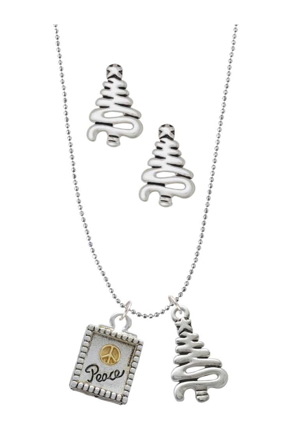 Two-tone Shadow Box ''Peace'' with Peace Sign Silver tone Zig Zag Christmas Tree Charm Necklace and Stud Earrings
