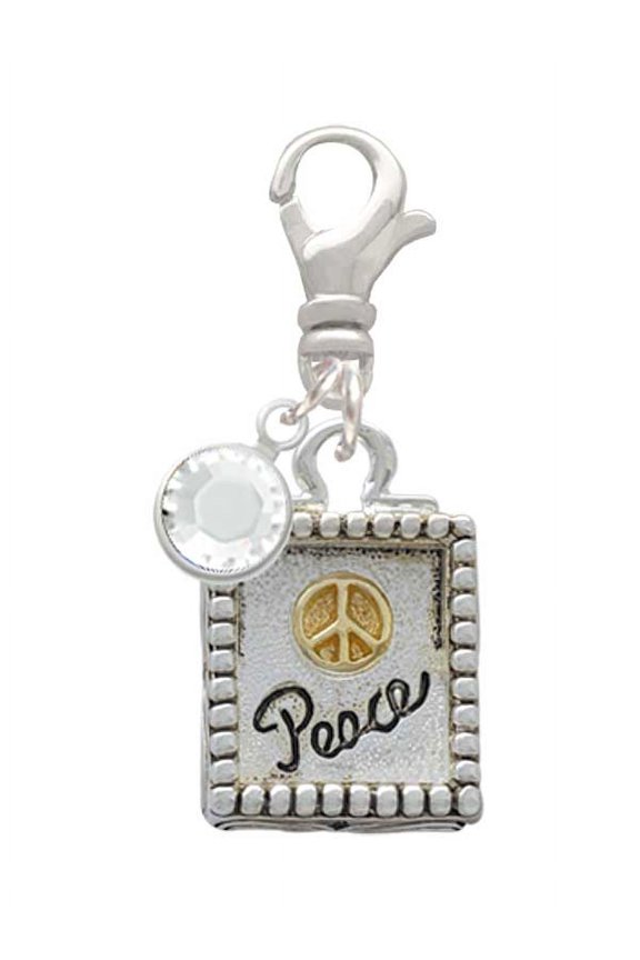 Two-tone Shadow Box ''Peace'' with Peace Sign - Silvertone Clip on Charm with Clear Crystal Drop