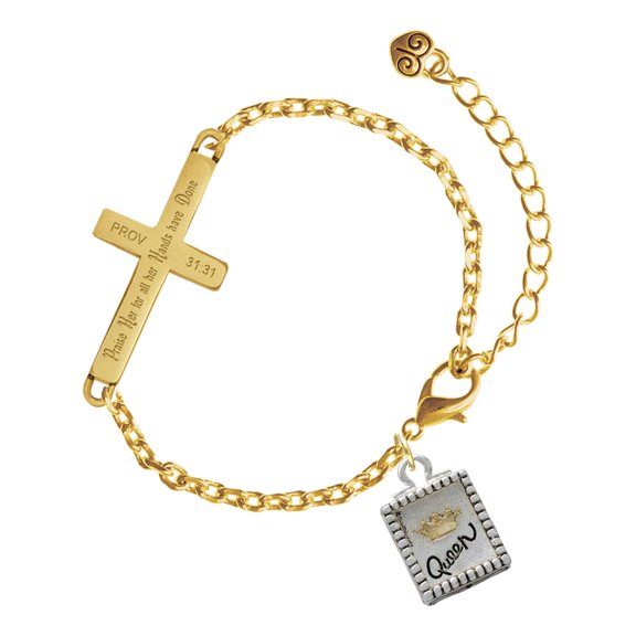 Delight Jewelry Two-tone Shadow Box ''Queen'' with Gold-tone Crown - Gold Tone Proverbs 31:31 Praise Her for all Her Hands have Done Engraved Cross Charm Bracelet, 6.5+1.5" Extender