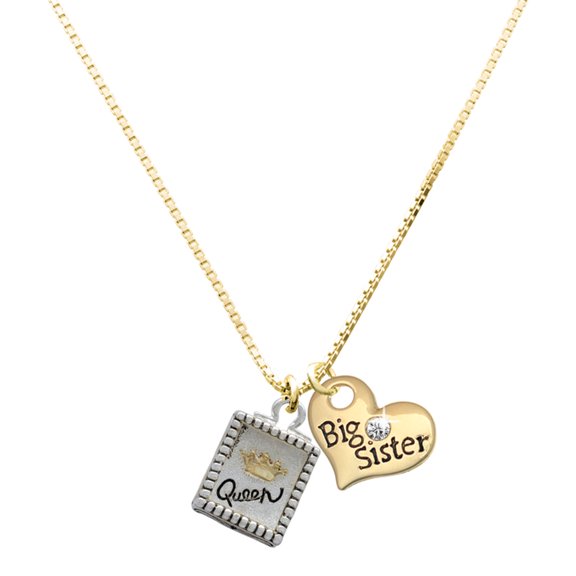 Delight Jewelry Two-tone Shadow Box ''Queen'' with Gold-tone Crown - Large Goldtone Big Sister Heart Charm Necklace, 17.5"+2" Extender