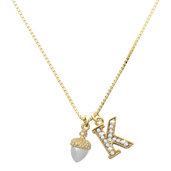 Delight Jewelry Two-tone Small Acorn with Crystals - Large Goldtone Crystal Initial - K - Charm Necklace, 17.5"+2"