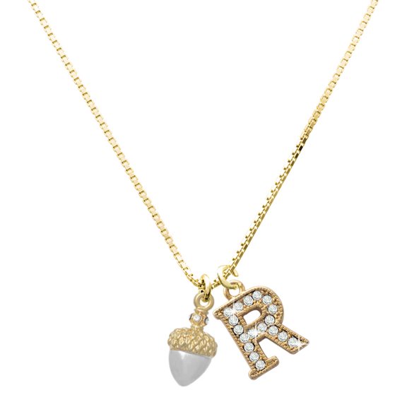 Delight Jewelry Two-tone Small Acorn with Crystals - Large Goldtone Crystal Initial - R - Charm Necklace, 17.5"+2"