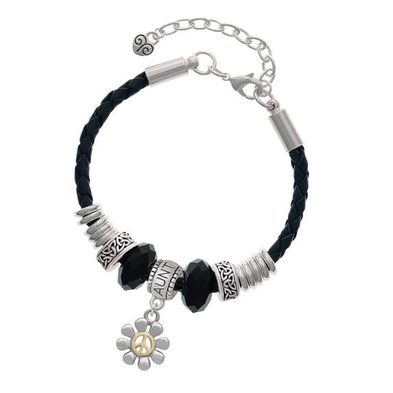 Delight Jewelry Two-tone Small Daisy with Peace Sign Aunt Celtic Knot Leather Bead Bracelet, 7"+2" Extender