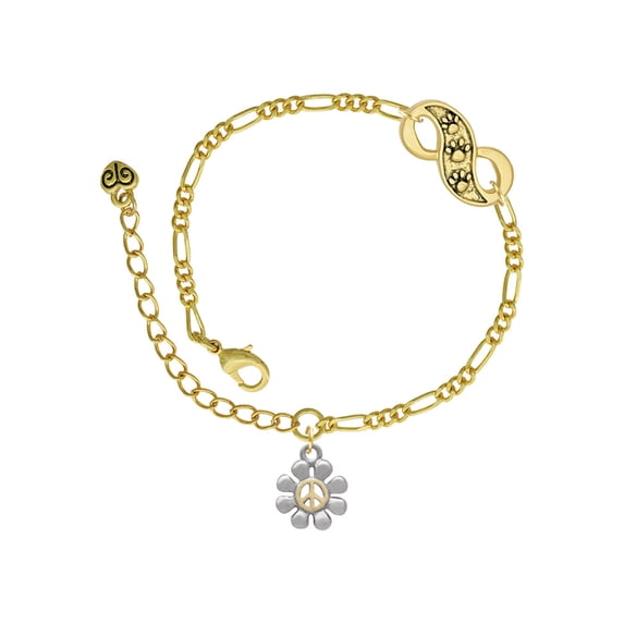 Delight Jewelry Two-tone Small Daisy with Peace Sign Gold-tone Paw Infinity Link Chain Bracelet, 6"+2" Extender