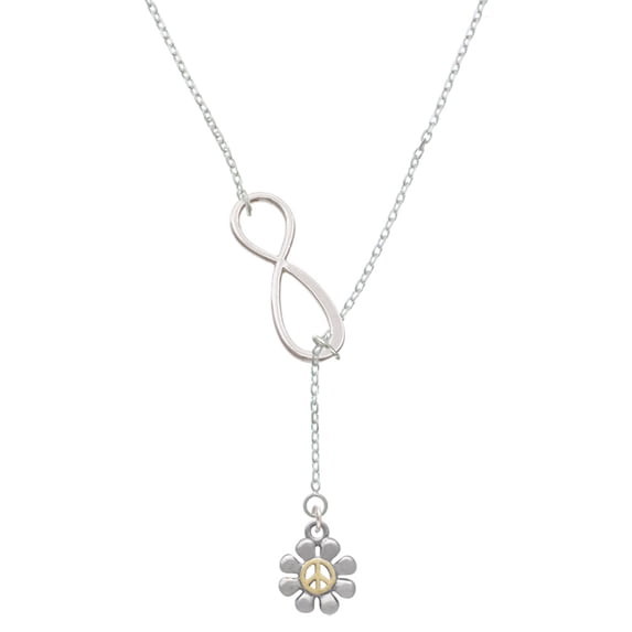 Delight Jewelry Two-tone Small Daisy with Peace Sign Silver tone Elegant Infinity Lariat Necklace