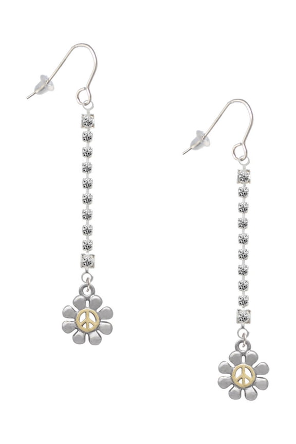 Two-tone Small Daisy with Peace Sign - Silver-tone Long Sparkle Dangle French Earrings