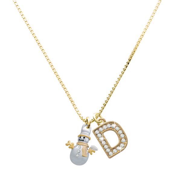 Delight Jewelry Two-tone Snowman with Crystal Buttons with a Large Goldtone Crystal Initial - D - Charm Necklace, 17.5"+2"