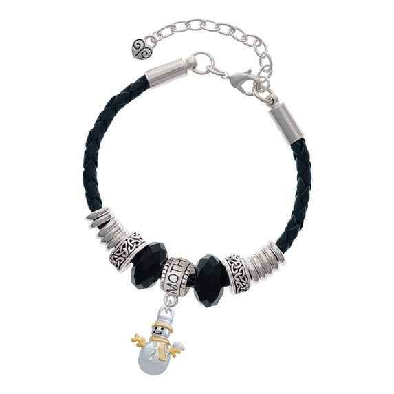 Delight Jewelry Two-tone Snowman with Crystal Buttons Mother Celtic Knot Leather Bead Bracelet, 7"+2" Extender