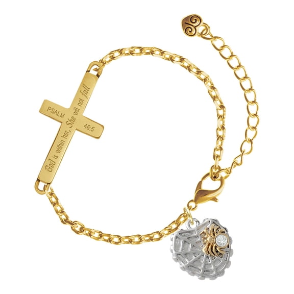 Delight Jewelry Two-tone Spider Web Heart with Crystal Spider - Gold Tone Psalm 46:5 She will not fall Engraved Cross Charm Bracelet, 6.5+1.5" Extender