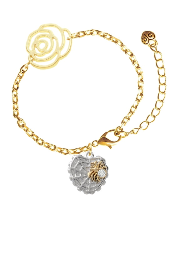 Two-tone Spider Web Heart with Crystal Spider Gold-tone Flower Link Chain Bracelet, 6.75"+2" Extender