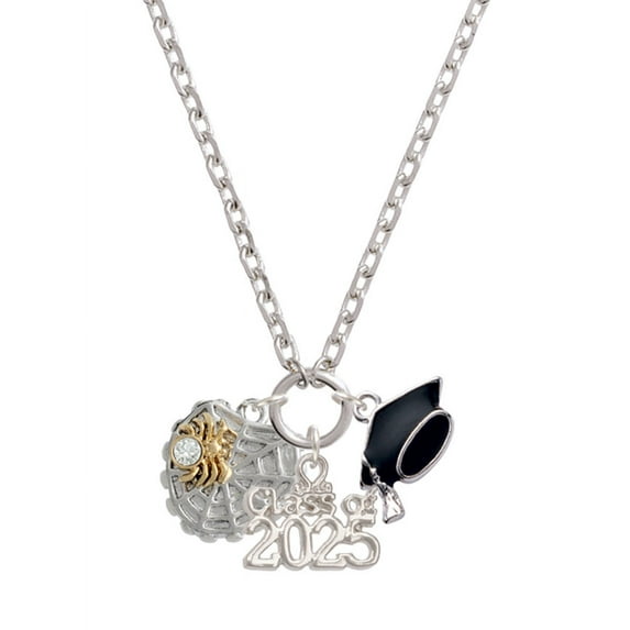 Delight Jewelry Two-tone Spider Web Heart with Crystal Spider - Silver-tone Class of 2025 Graduation Zoey Necklace, 28"