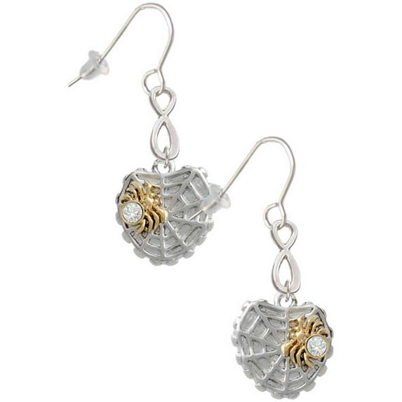 Delight Jewelry Two-tone Spider Web Heart with Crystal Spider Silver tone Infinity French Earrings