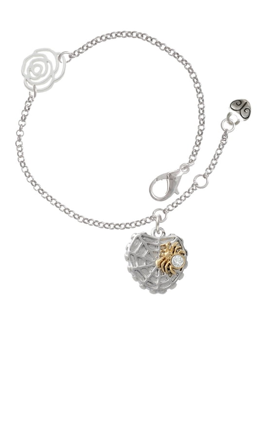 Two-tone Spider Web Heart with Crystal Spider Silver-tone Rose Link Chain Bracelet, 6.25"+1.75" Extender