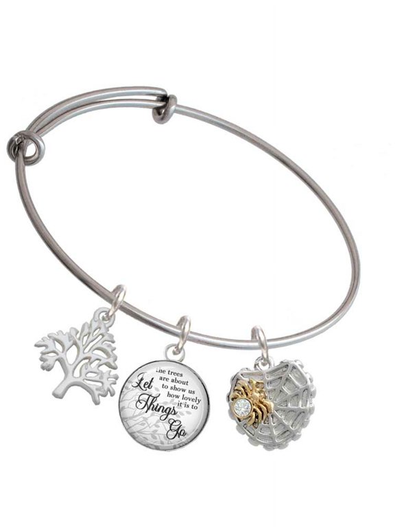 Two-tone Spider Web Heart with Crystal Spider Silvertone Let Things Go Tree Charm Bangle Bracelet