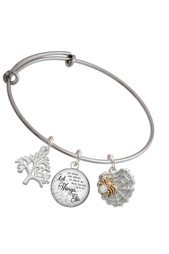 Two-tone Spider Web Heart with Crystal Spider Silvertone Let Things Go Tree Charm Bangle Bracelet