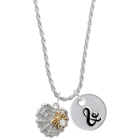Delight Jewelry Two-tone Spider Web Heart with Crystal Spider Silvertone Script Initial Disc - & - Charm Necklace, 20"+3"