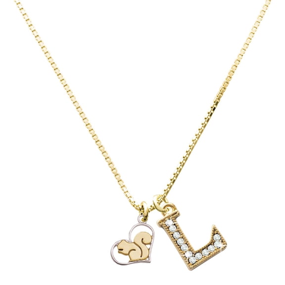 Delight Jewelry Two-tone Squirrel in Heart Charm and Goldtone Crystal Initial L Charm Necklace, 17.5"+2"