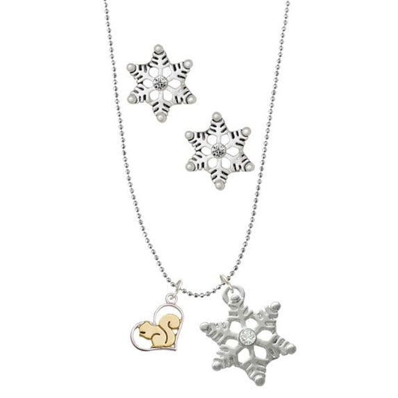 Delight Jewelry Two-tone Squirrel in Heart - Silver tone Snowflake Charm Necklace and Stud Earrings