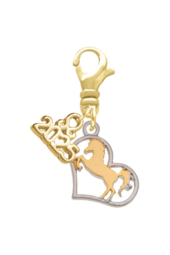 Two-tone Stallion Silhouette Heart - Gold-tone Clip on Charm with Mini Year 2025