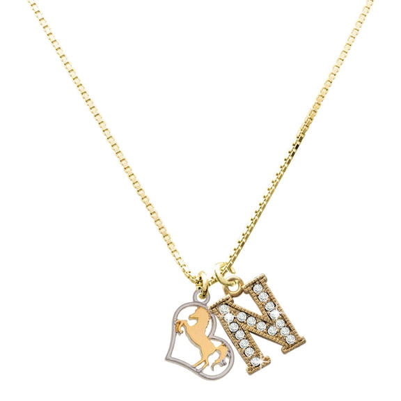 Delight Jewelry Two-tone Stallion Silhouette Heart - Large Goldtone Crystal Initial - N - Charm Necklace, 17.5"+2"