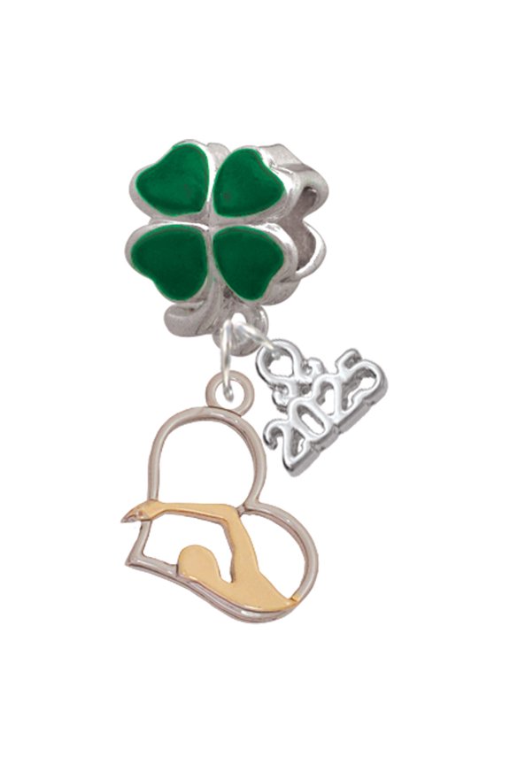 Two-tone Swimmer in Heart - Good Luck Green Four Leaf Clover Charm Bead Dangle with Mini 2025