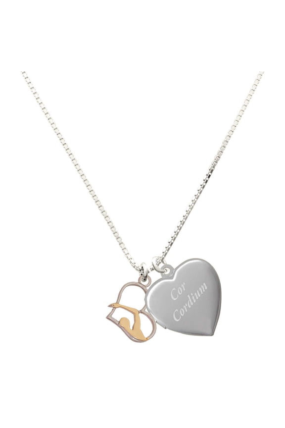Two-tone Swimmer in Heart - Silver Plated Engraved Cor Cordium Heart Locket Necklace, 17.5"+2" Extender
