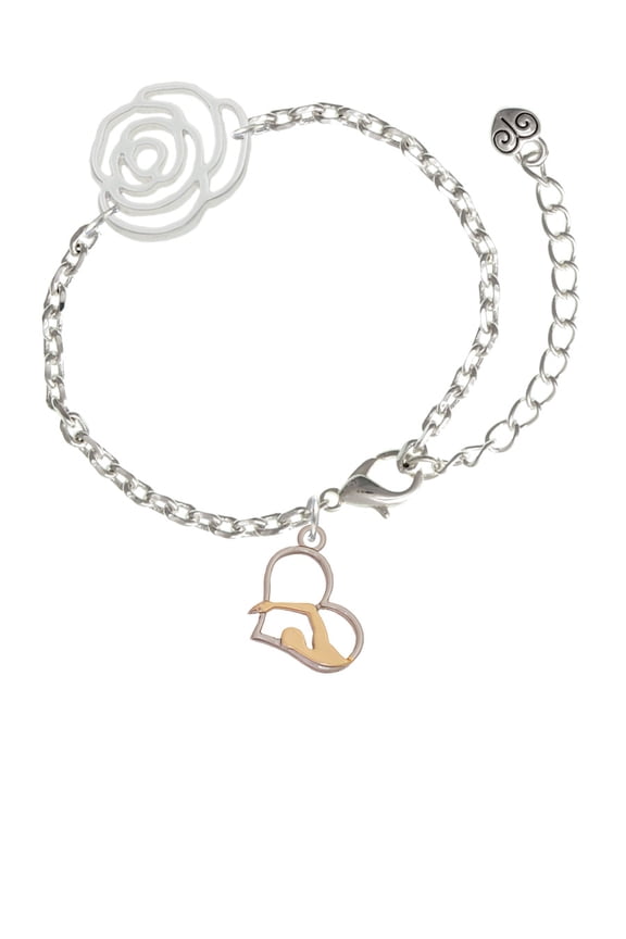Two-tone Swimmer in Heart Silver-tone Flower Link Chain Bracelet, 6.75"+2" Extender