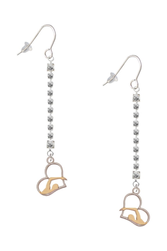 Two-tone Swimmer in Heart - Silver-tone Long Sparkle Dangle French Earrings