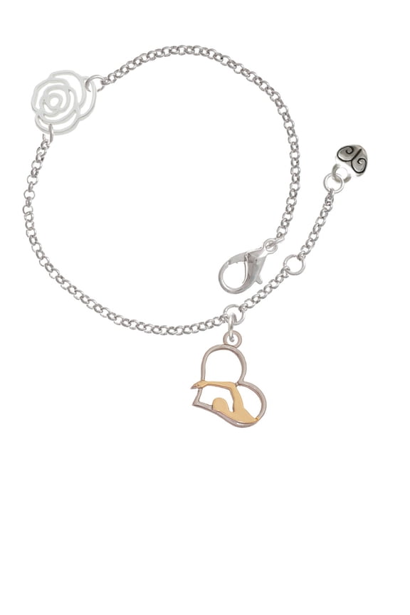 Two-tone Swimmer in Heart Silver-tone Rose Link Chain Bracelet, 6.25"+1.75" Extender