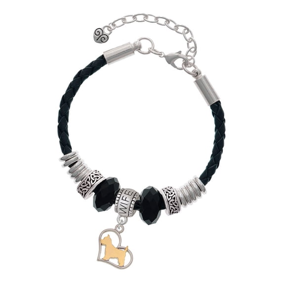 Delight Jewelry Two-tone Westie Silhouette Heart Wife Celtic Knot Leather Bead Bracelet, 7"+2" Extender
