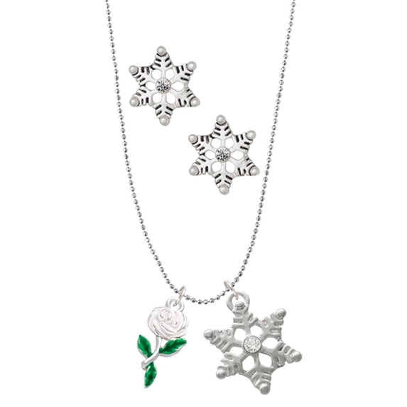 Delight Jewelry White Carnation Flower Silver tone Snowflake Charm Necklace and Stud Earrings