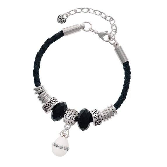 Delight Jewelry White Easter Egg with Clear Crystal Band Aunt Celtic Knot Leather Bead Bracelet, 7"+2" Extender