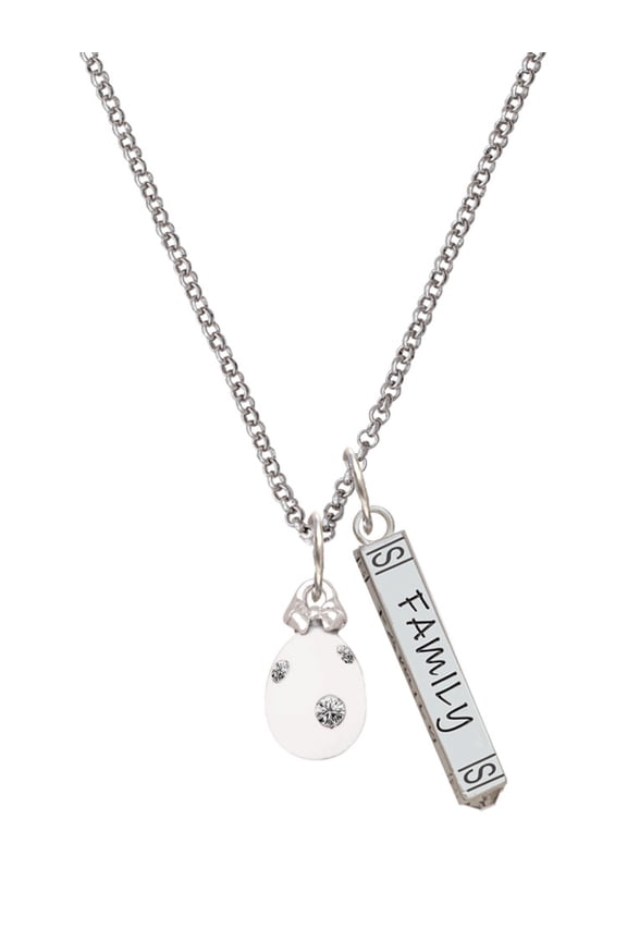 White Easter Egg with Clear Crystal Dots Silvertone Family Bar Charm Necklace, 23"