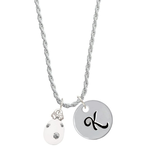 Delight Jewelry White Easter Egg with Clear Crystal Dots Silvertone Script Initial Disc - K - Charm Necklace, 20"+3"