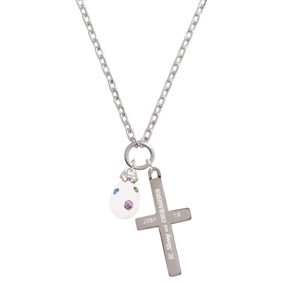 Delight Jewelry White Easter Egg with Color Crystal Dots Be Strong and Courageous Engraved Cross Zoey Necklace, 28"