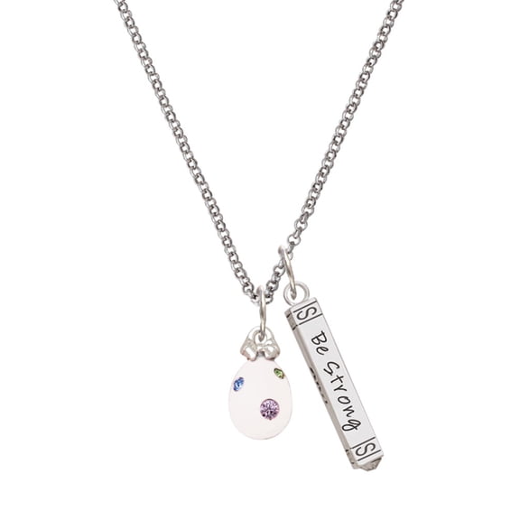 Delight Jewelry White Easter Egg with Color Crystal Dots Silvertone Be Strong and Courageous Bar Charm Necklace, 23"