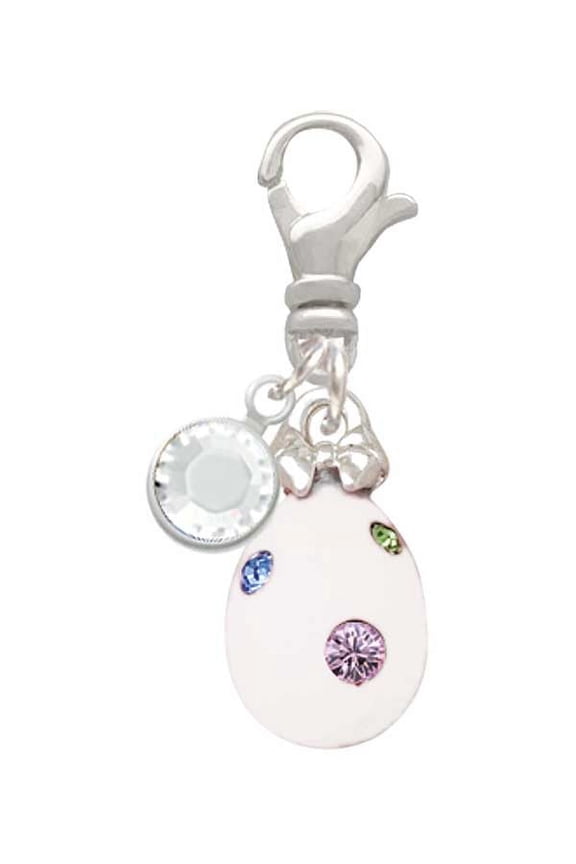 White Easter Egg with Color Crystal Dots - Silvertone Clip on Charm with Clear Crystal Drop